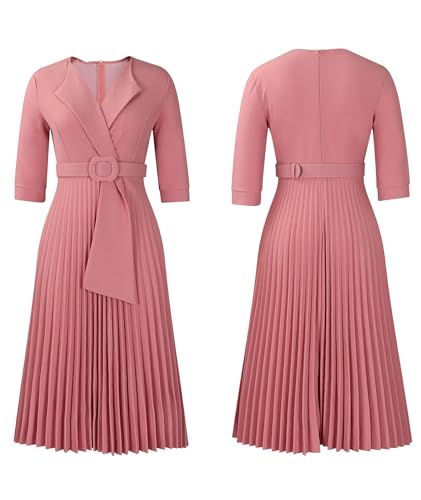 Image of SOMTHRON Women's Elegant 3 /4 Sleeve Blazer Dress V Neck Lapel Pleated Business Work Swing Midi Dress with Belt