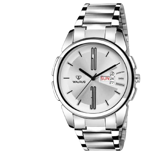 Walrus Silver Dial Analog Day Date Function Stainless Steel Chain Wrist Watch for Men with Push Button Lock (B0C4L82V81) Amazon Price History, Amazon Price Tracker
