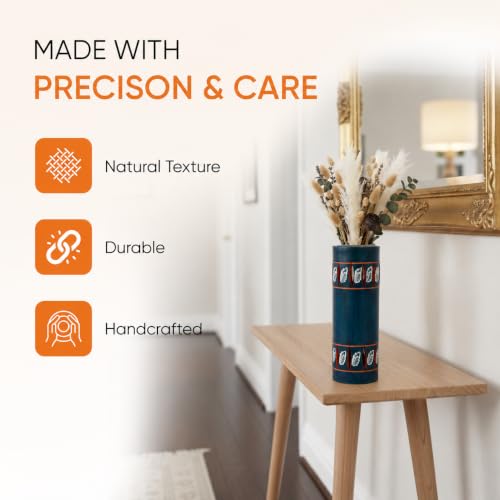 Image of Aakriti Art Creations Handpainted Terracotta Flower Vase | Matte Blue Autumn Leaf Floral Decorative Vase | Handmade Tall Vase for Living Room Table Decor & Housewarming Gift