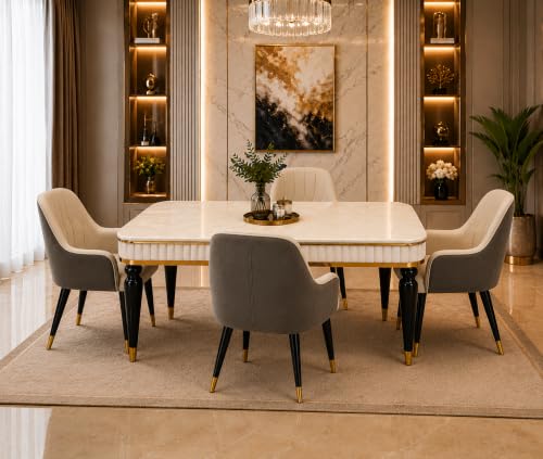 Image of 4 Seater Dining Table Set with Nano Composite Marble Top, Solid Wood Base & 4 Upholstered Chairs, Modern Dining Table Set for Home & Dining Room Furniture (Gray Cream, White Marble Top, 4 Seater)