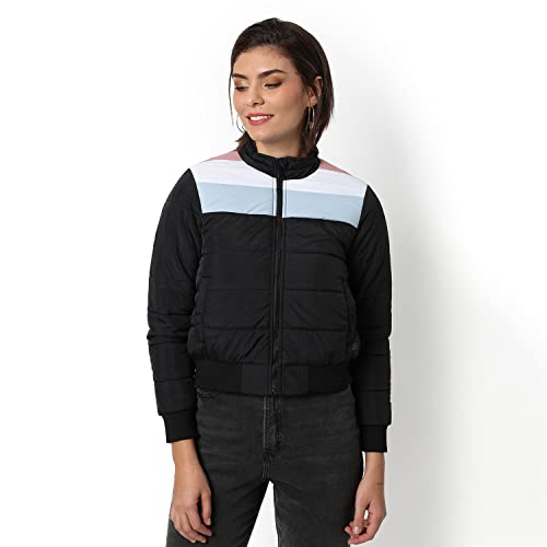 Image of Campus Sutra Women Black Colour-Blocked Puffer Regular Fit Bomber Jacket For Winter Wear | Standing Collar | Full Sleeve | Zipper | Casual Jacket For Woman & Girl | Western Stylish Jacket For Women