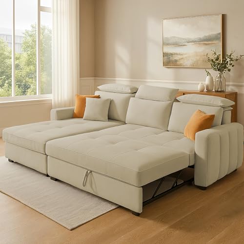 Image of Casaliving Gagnon LHS 4 Seater L Shape Corner Sofa Cum Bed for Living Room (Cream Fabric) Premium Fabric Sofa Cum Bed