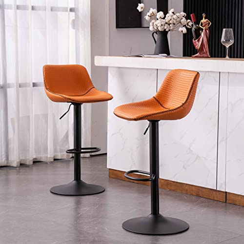 Kidol & Shellder Bar Stools Set Of 2 Orange Adjustable Swivel Vintage Barstools Pu Leather Counter Stools Weave Pattern Bar Chairs,3 Mins Quick Assembly,Loads Up To 300Lbs #TOP3