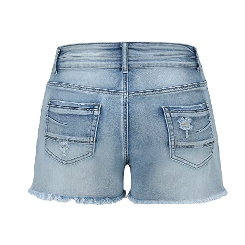 Image of THUNDER STAR Women Mid Rise Ripped Stretchy Jeans Shorts Frayed Raw Hem Casual Denim Shorts