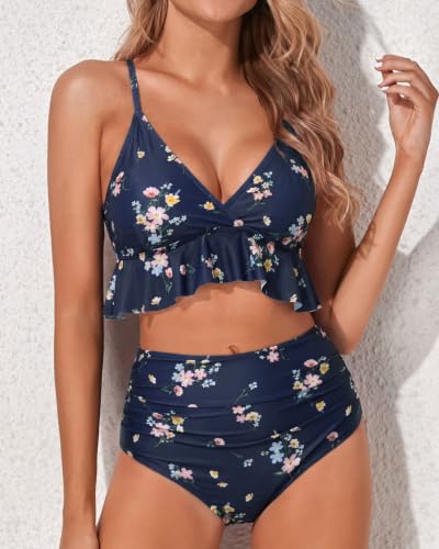 Image of Women Ruffle Bikini Set High Waisted Tummy Control Two Piece Swimsuits | Ruffle,High Waisted,Tummy Control,Removable Bra Pads,Adjustable Shoulder Straps,Full Coverage