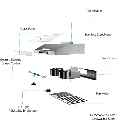 IKTCH Upgrated 30″Under Cabinet Range Hood, 900 CFM Ducted Range Hood with 4 Speed Fan, White Stainless Steel & Tempered Glass Range Hood 30 inch with Gesture Sensing&Touch Control Making life Smarter