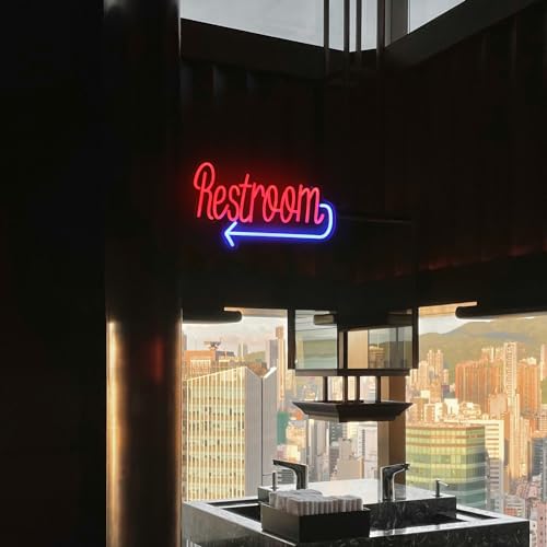 Image of Restroom with Arrow Neon Sign Toilet LED Lights for WC Bar Restaurant Decor | Dimmable Neon Bathroom Sign, Prominent Acrylic Directional Signs, Red Blue Washroom Neon Light, USB Powered, Easy to Hang