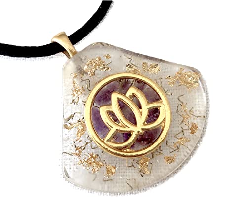 Orgone energy pendant with golden Lotus Flower, Amethyst, clear natural quartz and gold flakes. Made in USA