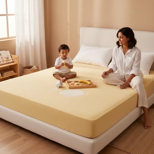 Image of Naksh Mattress Protector King Size Cotton (72x78x10 Inch Drop), Beige | Fitted Elastic Waterproof Bed Protector | Soft Absorbent Terry Fabric | Heavy Quality | Leak & Spill Protection