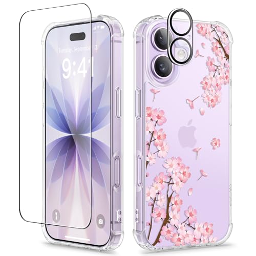 GVIEWIN for iPhone 17 Case, with Screen Protector+Camera Lens Protector, [NonYellowing] Clear Floral Slim Shockproof Protective Hard PC Back Women Phone Case for iPhone 17 6.3", Sakura/Pink