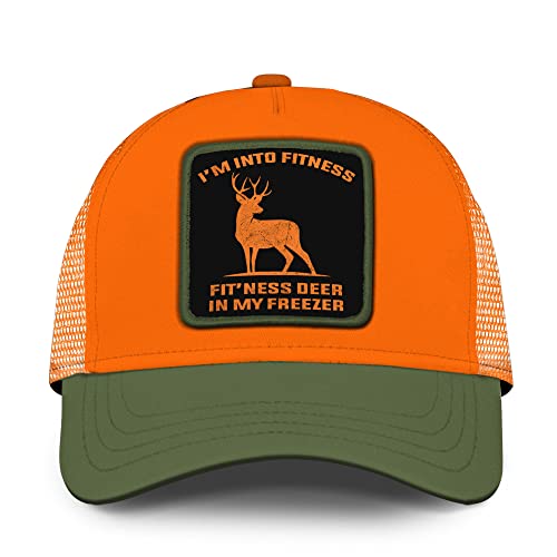 Asvance Funny I'm Into Fitness Embroidered Trucker Hat, Deer Hunting Orange & Green Adjustable Fit Unisex Cap, Breathable Mesh Back Outdoor Headwear