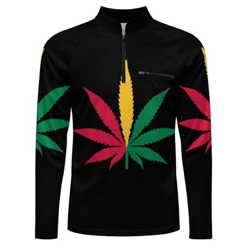 Marijuana Hemp Leaf Jamaica Flag Men's Rash Guard Long Sleeves Quick Dry Fishing Workout Shirts with Zipper4