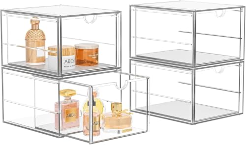 4 Pack Stackable Storage Drawers Acrylic Cosmetic Drawer Clear Desk Accessories Latest Model Dustproof Drawer Storage for Dresser Bathroom