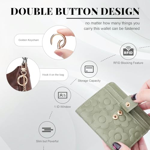 Image of RFID Wallet Women,Slim Small Wallets Embossed Flower Leather Bifold Compact Ladies Girls Wallet with Credit Card Holder Zipper Coin Pocket Green