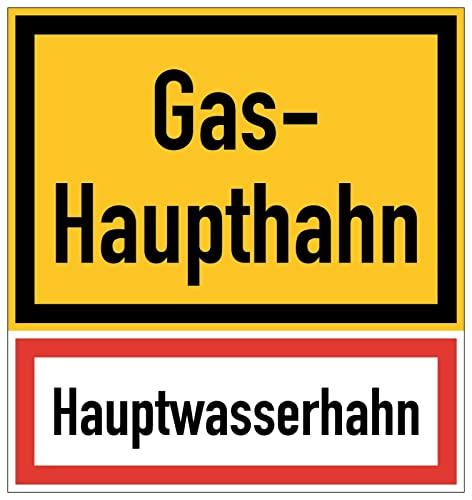 Aufkleber Warnung Hinweis"Gas-Haupthahn Hauptwasserhahn" Schild Folie selbstklebend | 297x315mm Made in Germany Cover
