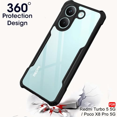 Image of TheGiftKart Shockproof Crystal Clear Back Cover Case for Mi Redmi Turbo 5 5G / Poco X8 Pro 5G | 360 Degree Protection | Protective Design | Transparent Back Cover Case (PC & TPU, Black Bumper)
