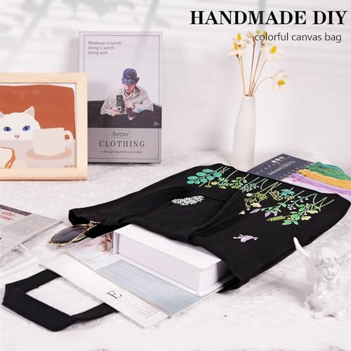 Image of Canvas Tote Bag Embroidery Kit, Embroidery Kit for Beginners Adults, Embroidery Starter kit with Flower Pattern, Canvas Bag Cross Stitch Kits, Cross Stitch Kit with Hoops, Color Threads and Tool