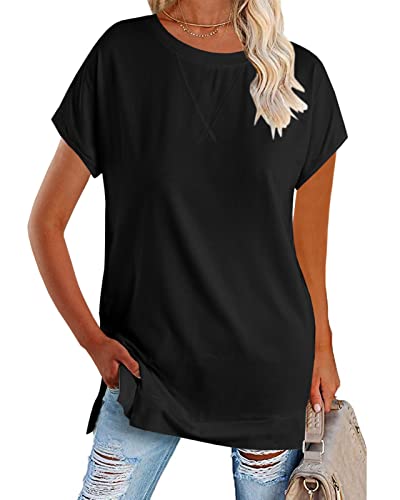 Women's Round Neck Solid Color T-Shirt Side Slit Casual Short-Sleeved Summer Sports Tunic Top