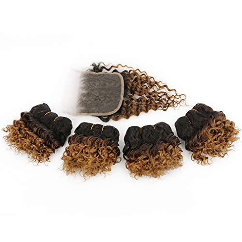 Short Ombre Curly Bundles with Closure Short Kinky Curly Human Hair Bundles with Lace Closure Ombre Brown Curly Virgin Hair Weave 50g/bundle (5 5 5 5 + 8 closure) 1b/30