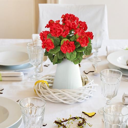 TOCHGREEN Artificial Red Geranium Silk Flowers Outdoor Plant Bush 2 Bundles Faux Flowers Geraniums for Outdoors Floral Home Decor Indoor Garden Patio Porch Vase Grave Cemetary Tabl image 1