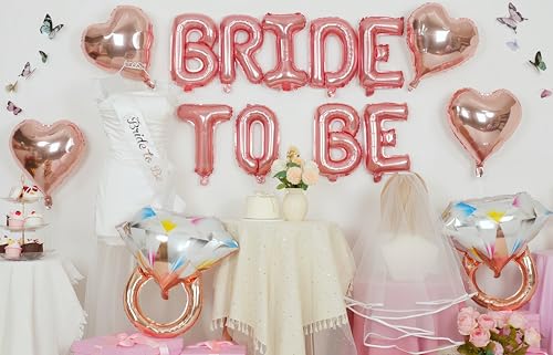 Image of Rose Gold Bachelorette Party Decorations, Rose Gold Bride to Be Banner Heart Balloon with Diamond Ring Foil Balloon, Bride to Be Sash&Veil for Bachelorette Engagement Gift Bridal Shower Party Supplies