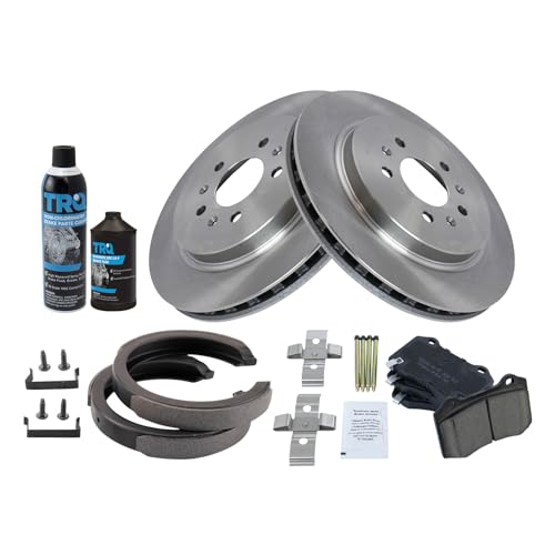 Image of TRQ Rear Brake Pad & Rotor Kit, with Chemical Kit Parking Brake Shoe Set Ceramic Compatible with 2006-2008 Cadillac STS