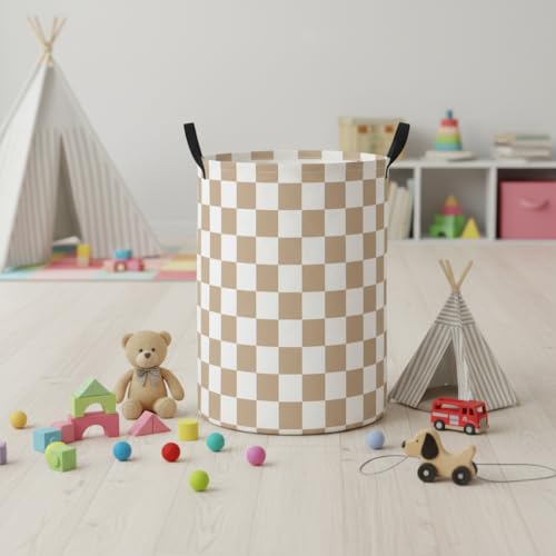 Image of Baby Laundry Hamper Basket Baby Hamper for Nursery Boy and Girl Cute Storage Bin Organizer Boho Room Decor(Brown Checkered)