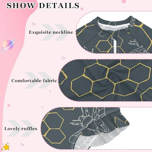 Girls One Piece Swimsuits Long Sleeve Swimsuit Zipper Bathing Suits Bees Golden Hive3