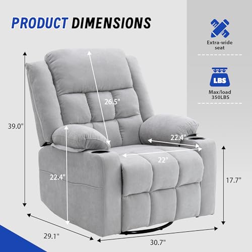 Image of Power Swivel Rocker Recliner Chair with Massage and Heat for Adults,Electric Glider Reclining Single Sofa Chair for Living Room,USB & Type-C Charging Ports, Infinite Position,Grey