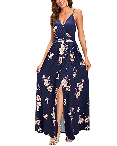 Image of Newshows Women's Summer 2025 Trendy Dress Beach Vacation V Neck Spaghetti Strap Sleeveless Casual Split Wear to Work Long Maxi Dress (Dark Blue Floral White, Small)