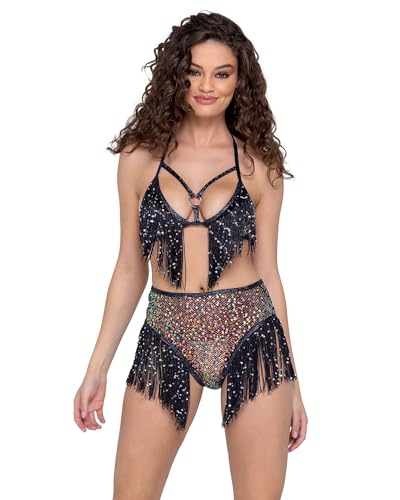 ROMA 6220 - Sequin Fishnet Triangle Tie Top, Black