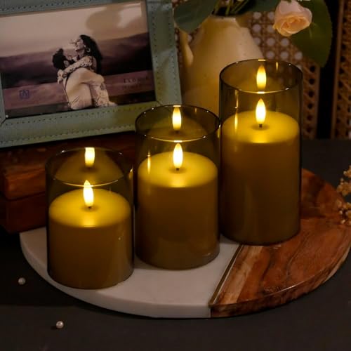 Image of Amazon Basics Flameless LED Candles with Remote Controller & Timer|Golden Acrylic Fiber Glass|Set of 3|(Smoked Grey), Unscented