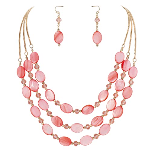 Firstmeet 3-Layer Mother of Pearl Beads Necklace with Earrings Oval Beads Pendant Jewelry for Women(XL-1085-Coral)
