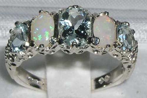 925 Sterling Silver Real Genuine Aquamarine and Opal Womens Band Ring2