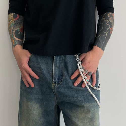 Image of Layered Pants Wallet Chain for Men Women Rhinestone Flower Pearl Wallet Chain for Women Fashion Street Pocket Jeans Chains Keychain Punk Jewelry