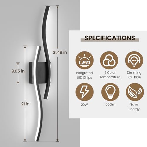 Image of Modern Black Wall Sconce, 5CCT Dimmable Indoor Led Wall Sconce Lighting, Hardwire Black Led Wall Lamps for Living Room Bedroom Bathroom Hallway, Indoor Wall Decor Bedside Wall Lamp, 31.5Inch