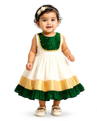 Image of Stanwells Kids Dress for Girls Embroidery Knee Length Traditional Applique Kerala Ethnic Frock for Baby Girls Zipper Beautiful Sleeveless Birthday Dress for Girls Cream & Green (4 Months-7 Years)