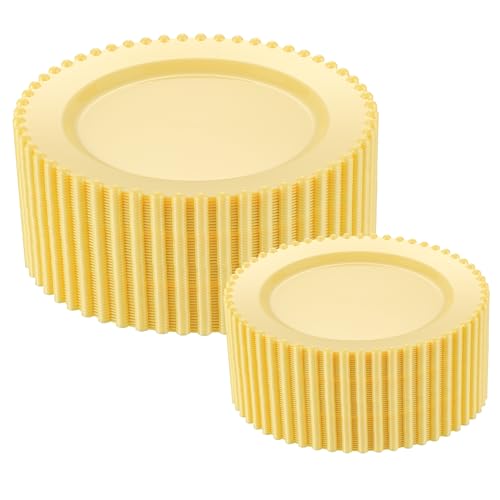 ISFANGCO 80pcs Yellow Plastic Plates Heavy Duty Yellow Disposable Plates 40 Dinner and 40 Dessert Plate for Easter Baby Shower Wedding Spring Beaded Plate