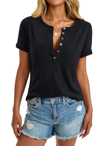 Womens Cotton Deep V Neck Tops Low Cut Short Sleeve Henley Shirts Sexy Fitted Tees Summer Fashion Clothes 20254