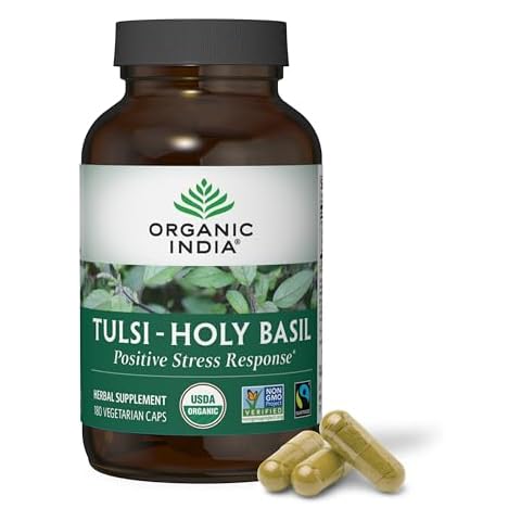 Organic India Tulsi Holy Basil Capsules - Holy Basil Extract - Holy Basil Leaf Supplement, Herbal Supplement, Immune Support, Stress Relief, Vegan, Gluten-Free, Kosher, Organic, Non-GMO - 180 Capsules Cover