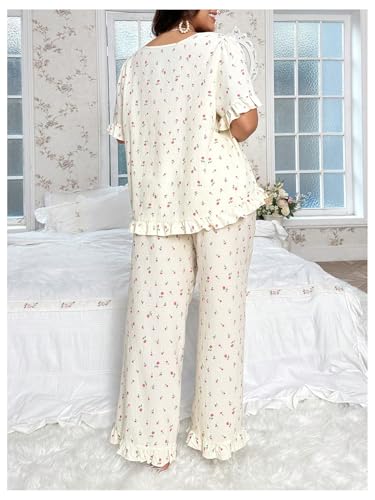 OYOANGLE Women's Plus Size Pajama Set Floral Short Sleeve Sleepwear Ruffle Pants 2 Piece Pjs Lounge Set2