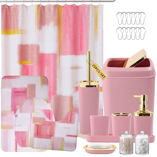 XLHOMO Bathroom Set - Pink and Gold Bathroom Accessories Set Bathroom Sets with Shower Curtain and Rugs Pink Shower Curtain Set with Bathroom Trash Can Soap Dispenser Soap Dish for Home Decor