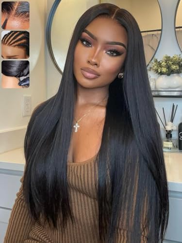 Image of KLAIYI Silky Straight Pre Everything Glueless Precut 13x4 Lace Front Wigs Human Hair Drawstring Pre Plucked Bleached Bye Bye Knots 30S Ready to Wear and Go Wigs for Black Women Natural Hairline 20Inch