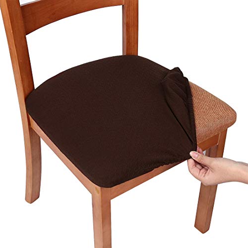smiry Stretch Chair Seat Covers for Dining Room Chocolate Set of 2 Jacquard Dining Chair Seat Protectors Chair Slipcovers