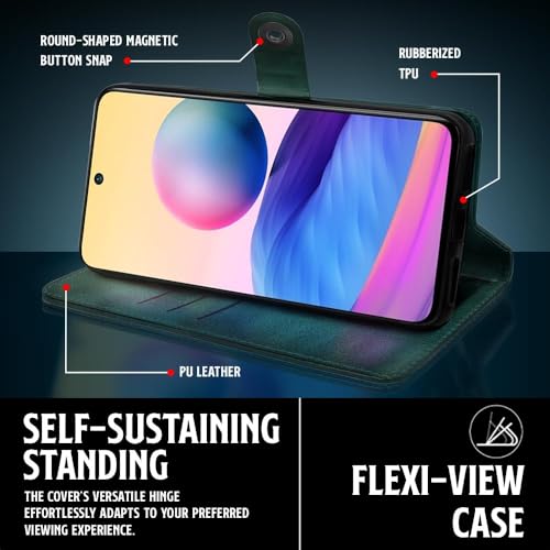 Image of WOW IMAGINE Shock Proof Flip Cover Back Case for Xiaomi Redmi Note 10T 5G | Poco M3 Pro 5G (Magnetic Button Flip Case | Wallet Pockets & Stand | Leather Finish | Forest Green)