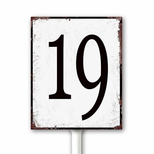 Aluminum Number Sign 19 Metal Numbered Yard Sign With Stake Outdoor for Tennis Court, Parking Lots, Floor, Dock, Court, Aisle, Field, Farm 18x22 CM High Visibility Rust Free (Retro White) — image 1