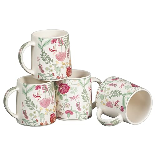 Image of Miah VintageBloom Ceramic Cup Set - Set of 4 | 10.16 cm x 6.85 cm x 8.89 cm | Handcrafted Coffee & Tea Mugs | Microwave & Dishwasher Safe | Timeless Classic Floral Design