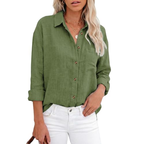 Zidoley Blusa de lino para mujer, blusa casual de gasa de algodón y lino, camisa larga de manga larga, verde militar, XL