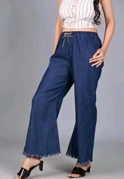 Image of Women's Denim Cotton Palazzo Pants, Mid Rise Relaxed Fit, Wide Leg Jeans Style, Casual Wear Trousers