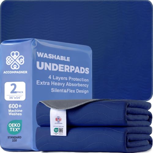 Image of Accompagner Incontinence Bed Pads Washable Waterproof, Ultra-Absorbent Reusable Underpads for Diaper Changing, Nursing, Bedridden, Adults, Seniors, Kids and Dogs (Navy, 36 inchx54 inch(Pack of 2))